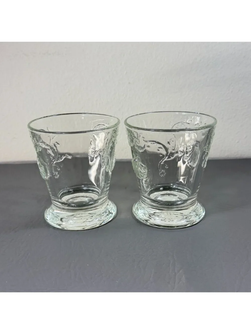 La Rochère France Clear Glass Mer Shell Footed Tumbler Juice Glasses Pair